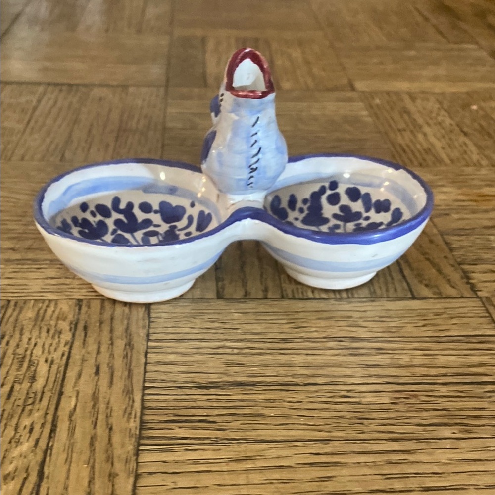 Vintage Deruta Italy Olive Serving Dish Bowl Hand Painted Bird Toothpick Holder